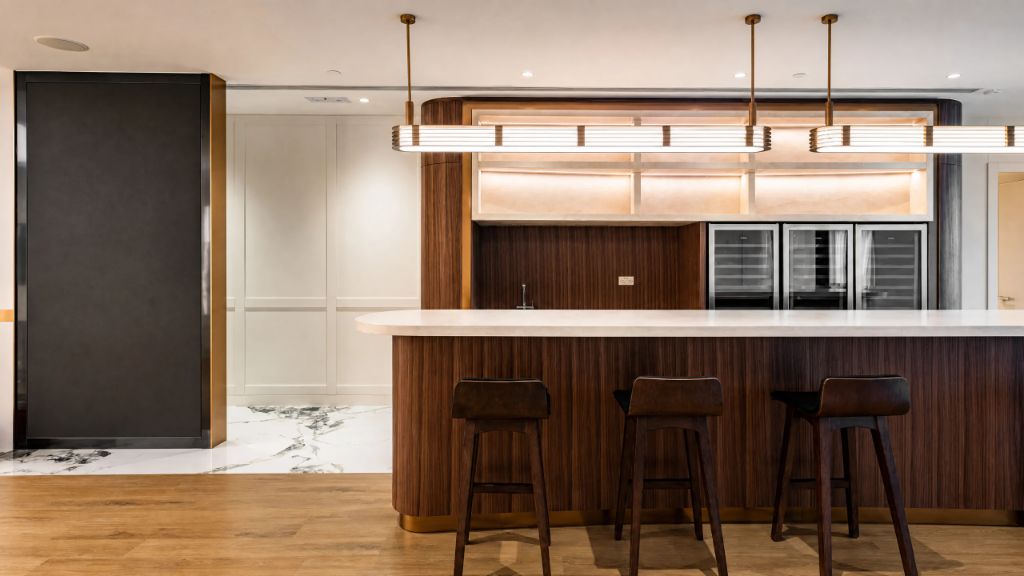 Hospitality Bar — walnut joinery, marble countertop