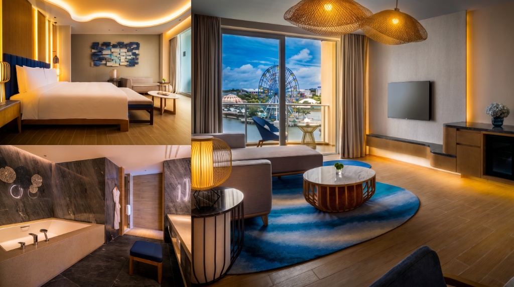 Premier Suite — bedroom, living room & marble bathroom